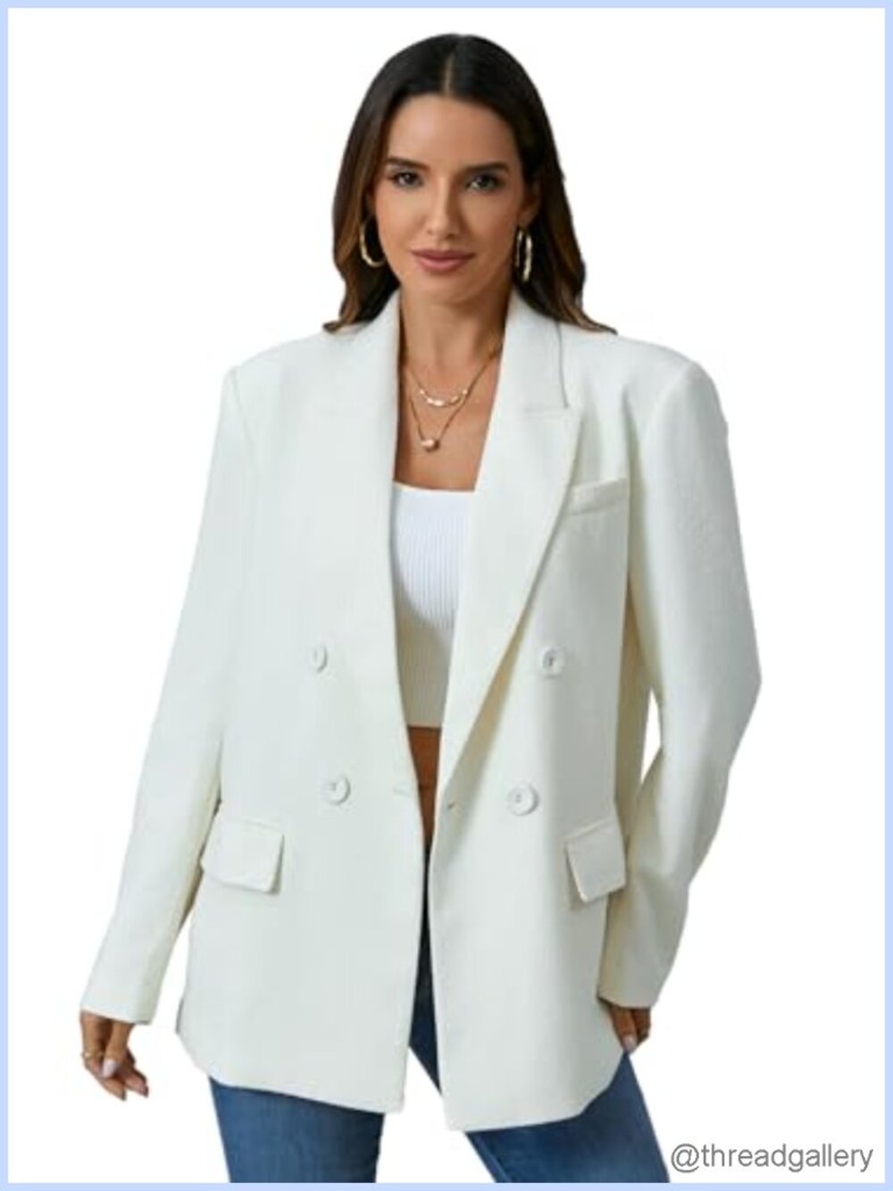 Oversized Double-Breasted Blazer Top Stitch Long Sleeve Work Office with Pockets